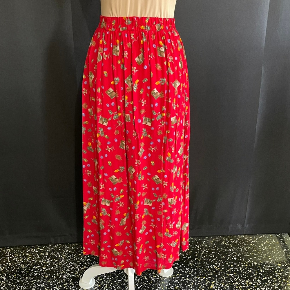 On The Verge Maxi Skirt Womens Red Good Vintage Novelty Print Button Front - Picture 5 of 6